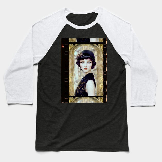 Portrait of Beautiful 1920s Vintage Style Woman Baseball T-Shirt by Sandy Richter Art & Designs